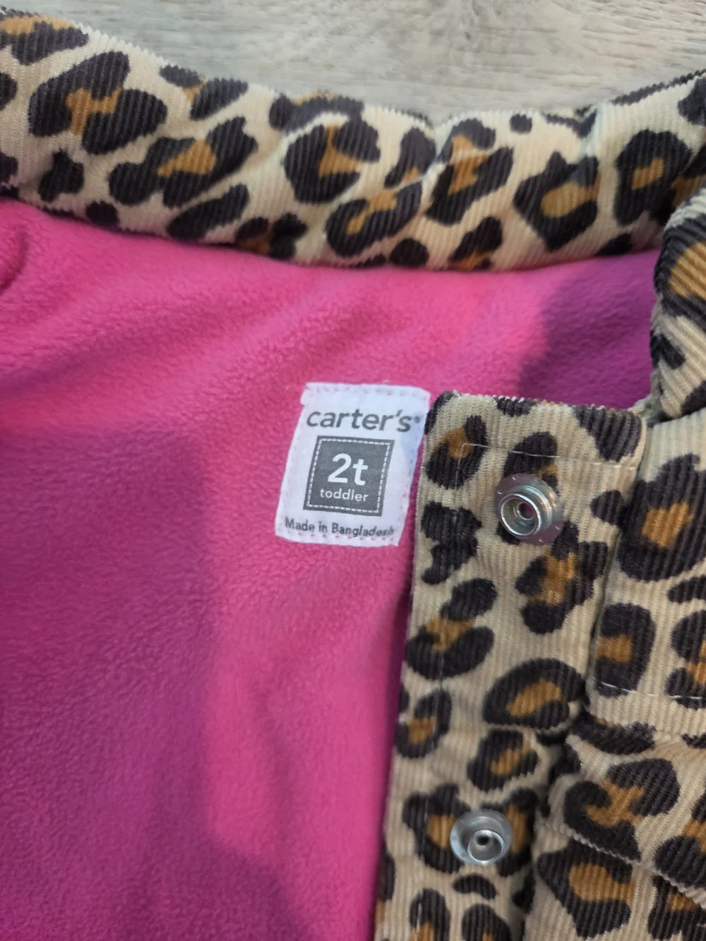 Carter’s Girls 2T Leopard Print Corduroy Puffer Vest Pink Snap Animal Print